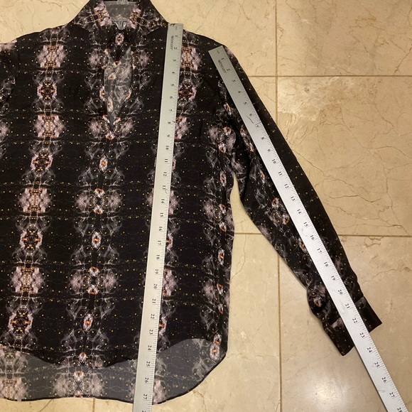 Theyshen’s Theory Beasy Printed Long Sleeve Silk Tunic Blouse, Split Neck, Sz S - Picture 12 of 12